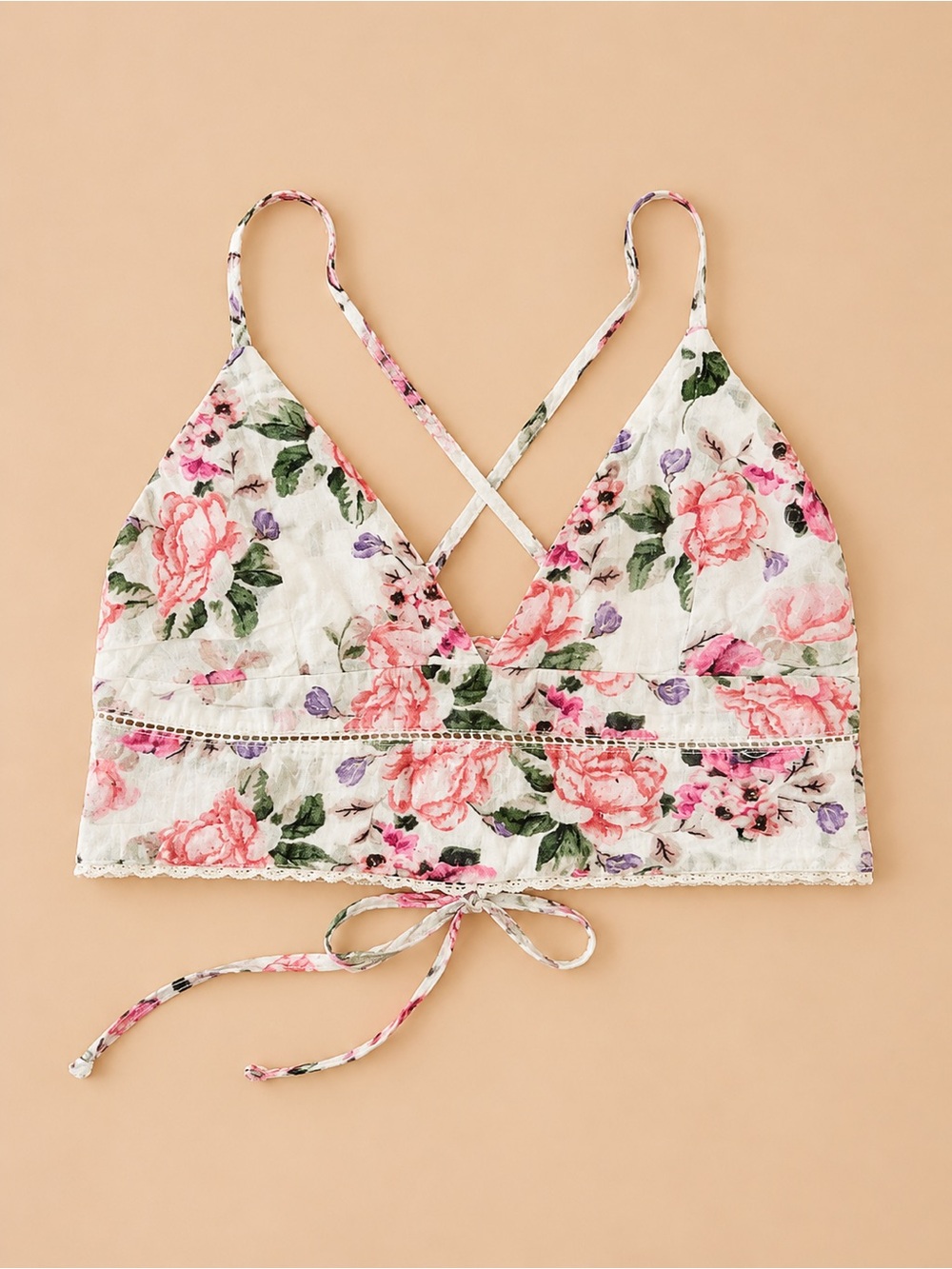 Zara Floral Crop Top XS White Pink Rose Print Tie Back Cottagecore Boho